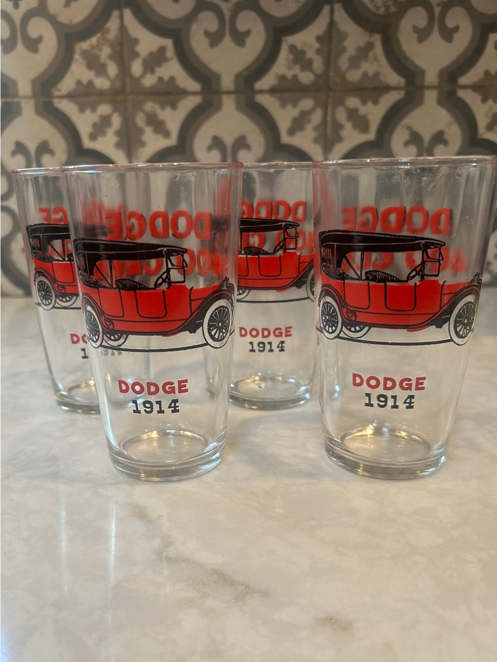 1953 Dodge 400 Club Set of 4 Car Drinking Glasses with 1914 Car Image- EUC
